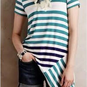 Anthropologie Little Yellow Button Striped Teal and White Top XS